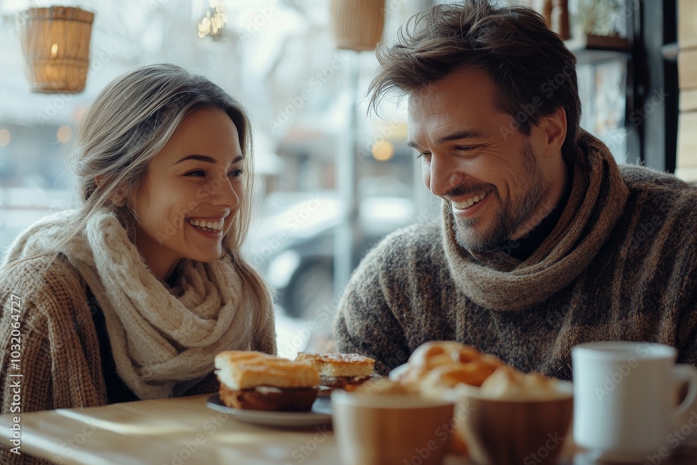 Portrait of smiling european man giving sandwich to his wife, feeding woman while sitting in cafe interior, free space. Nutritious breakfast, snack, Generative AI Portrait of smiling european man giving sandwich to his wife, feeding woman while sitting in cafe interior, free space. Nutritious breakfast, snack, Generative AI