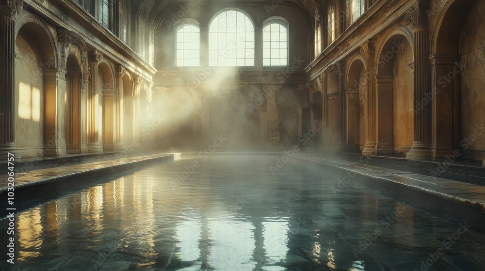Caldarium in Roman baths misty walls steam from pool sunlight softly illuminating the room