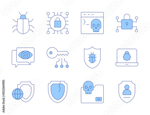 Cyber security icons. Line Duotone style, editable stroke. folder, shield, spyware, terminal, virus, broken shield, bug, cyber attack, cyber security