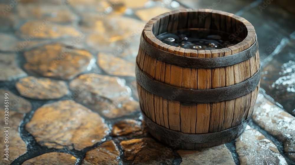 Smooth wooden bucket in onsen with tarnished metal bands water droplets clinging to polished surface in soft light Smooth wooden bucket in onsen with tarnished metal bands water droplets clinging to polished surface in soft light