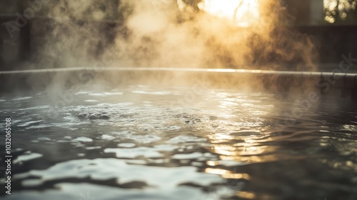 Close-up of steam rising from hot spring pool water reflecting stone walls as warm light illuminates vapor