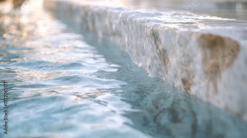 Smooth worn marble edge of pool reflecting light in bathhouse gently rippling water meeting stone surface