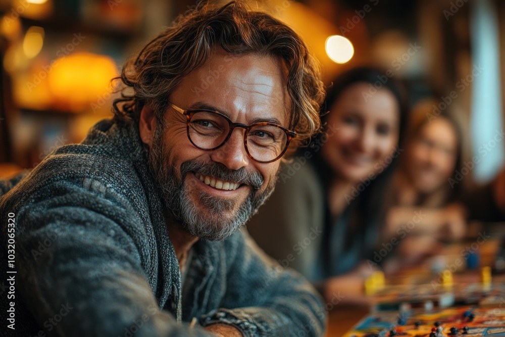 A man with a beard and glasses smiles at the camera while playing a board game with friends. A man with a beard and glasses smiles at the camera while playing a board game with friends.