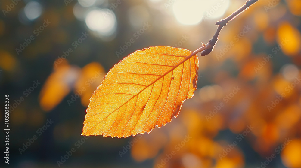 Obraz premium A close-up view of a vibrant yellow autumn leaf, showcasing its intricate veins and textures. The leaf stands out against a backdrop of bright orange trees, with the warm tones creating a stunning