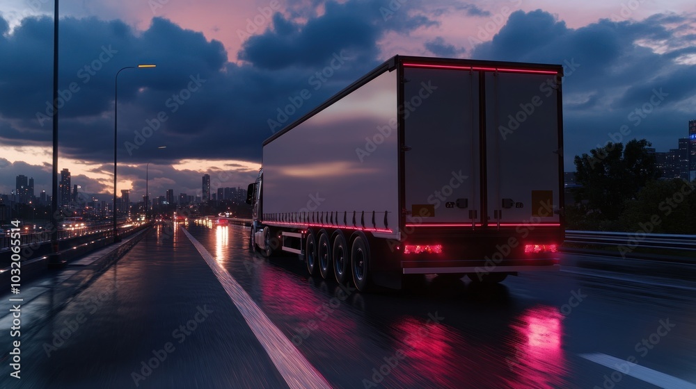 Truck Driving on a Wet Road at Dusk Truck Driving on a Wet Road at Dusk
