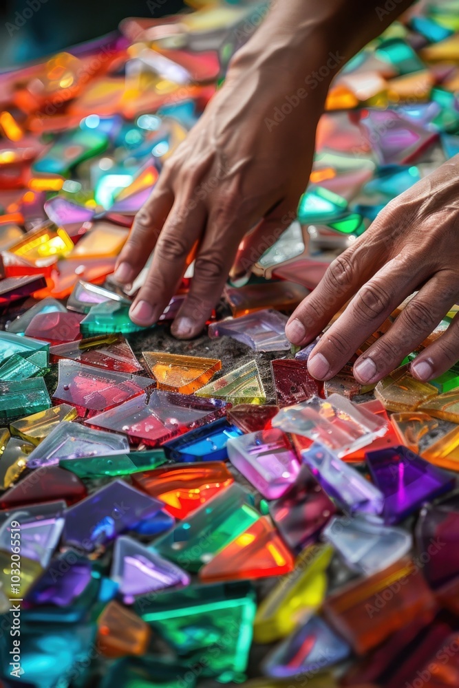 A close-up view of a person's hands holding various colored glass pieces on a table A close-up view of a person's hands holding various colored glass pieces on a table