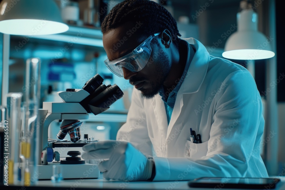 A researcher in a lab coat uses a microscope to study a tiny specimen A researcher in a lab coat uses a microscope to study a tiny specimen
