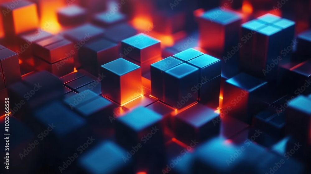 Abstract 3D Rendering of Cubes with Glowing Lights Abstract 3D Rendering of Cubes with Glowing Lights