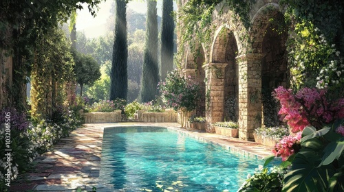 Roman bathhouse outdoor pool flowering plants and vines around stone walls bright sunlight reflecting on still water
