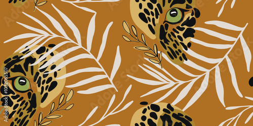 Vector animal print. Seamless leopard and tropical elements. Pattern design for fabric and textile, packaging, web and social media design
