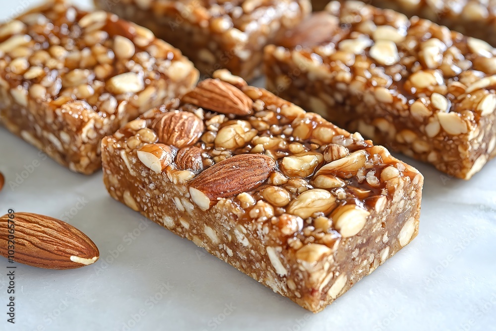 Artistic Display of Mixed Nut and Honey Protein Bars, Placed on a Light Marble Surface, Protein Bar Photography, Protein Bar Marketing Photo Image Artistic Display of Mixed Nut and Honey Protein Bars, Placed on a Light Marble Surface, Protein Bar Photography, Protein Bar Marketing Photo Image