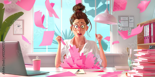 The Pink Embezzler: A woman at her desk, wearing a frantic expression as she shreds pink documents and hides evidence of her embezzlement. photo