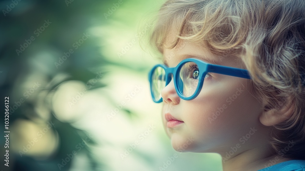 Young child wearing blue glasses focusing on distant tree outside window, symbolizing myopia prevention and importance of outdoor activities. Young child wearing blue glasses focusing on distant tree outside window, symbolizing myopia prevention and importance of outdoor activities.