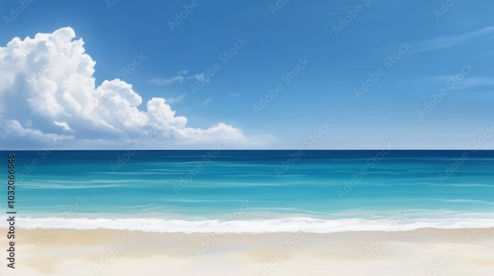 The horizon stretches endlessly, meeting the vibrant blue sky above, adorned with fluffy white clouds The horizon stretches endlessly, meeting the vibrant blue sky above, adorned with fluffy white clouds