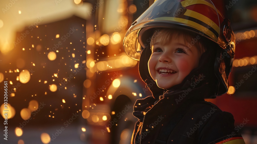 Happy child wearing firefighter costume smiling near firetruck during sunset Happy child wearing firefighter costume smiling near firetruck during sunset