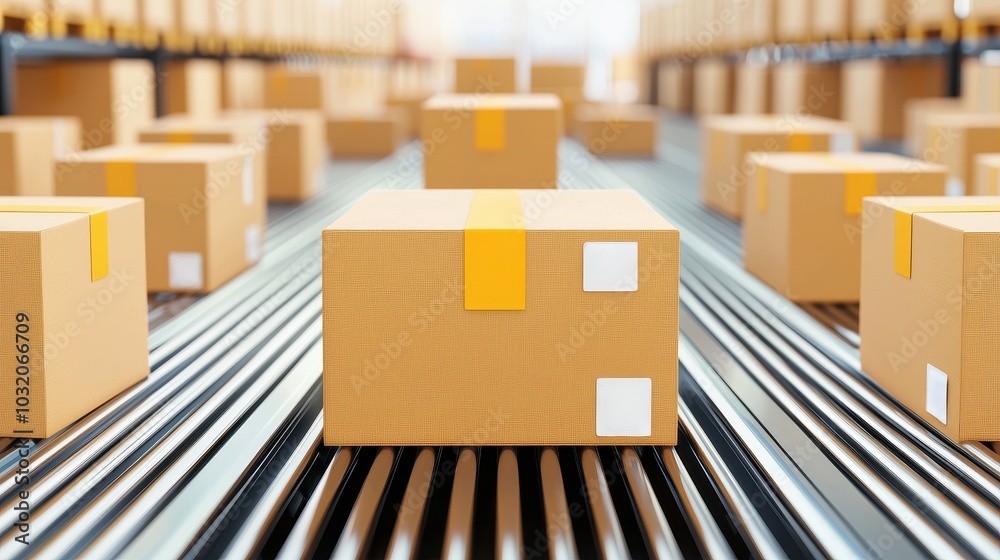 Shipping boxes on conveyor belt in a warehouse, showcasing logistics and delivery processes.