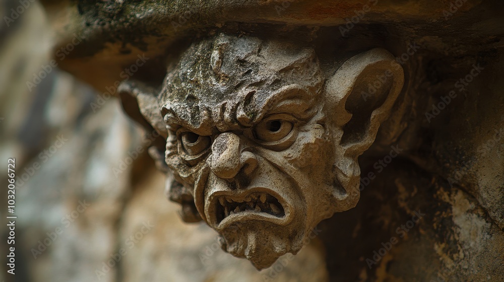 Gargoyle carved into fortress wall eroded features and dark stone from rain runoff over time Gargoyle carved into fortress wall eroded features and dark stone from rain runoff over time