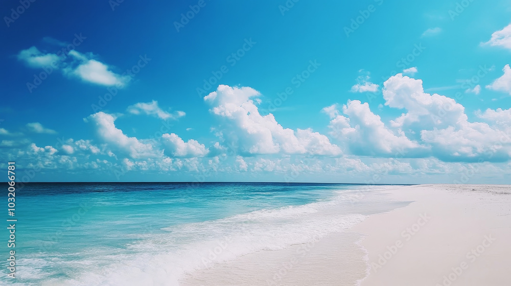 Obraz premium The horizon stretches endlessly, meeting the vibrant blue sky above, adorned with fluffy white clouds