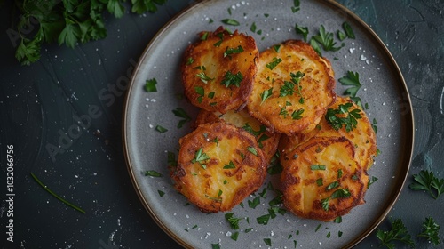 A plate of crispy potato cakes topped with fresh parsley photo