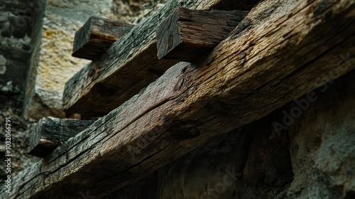 Wallpaper Mural Old wooden beams in fortress wall deep cracks and splinters contrasting with stone blocks Torontodigital.ca