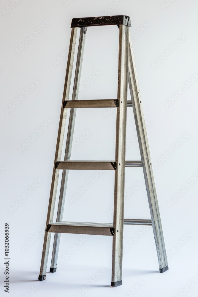 A ladder leaning against a white wall, ready for use A ladder leaning against a white wall, ready for use