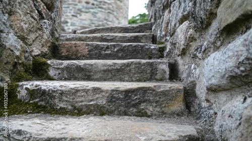 Worn stone steps uneven and cracked moss growing in crevices from centuries of use