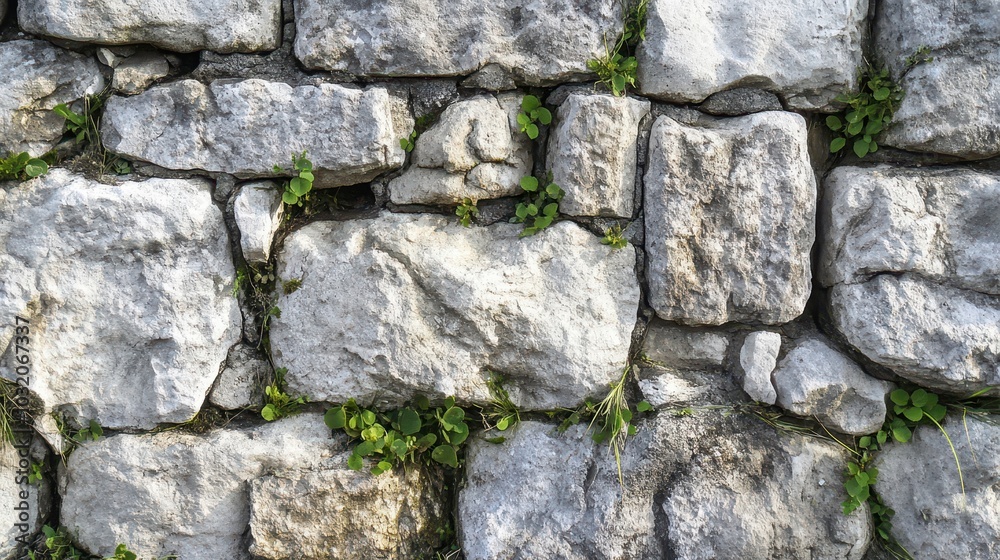 Mortar between large stone blocks worn down with plants taking root in small gaps Mortar between large stone blocks worn down with plants taking root in small gaps