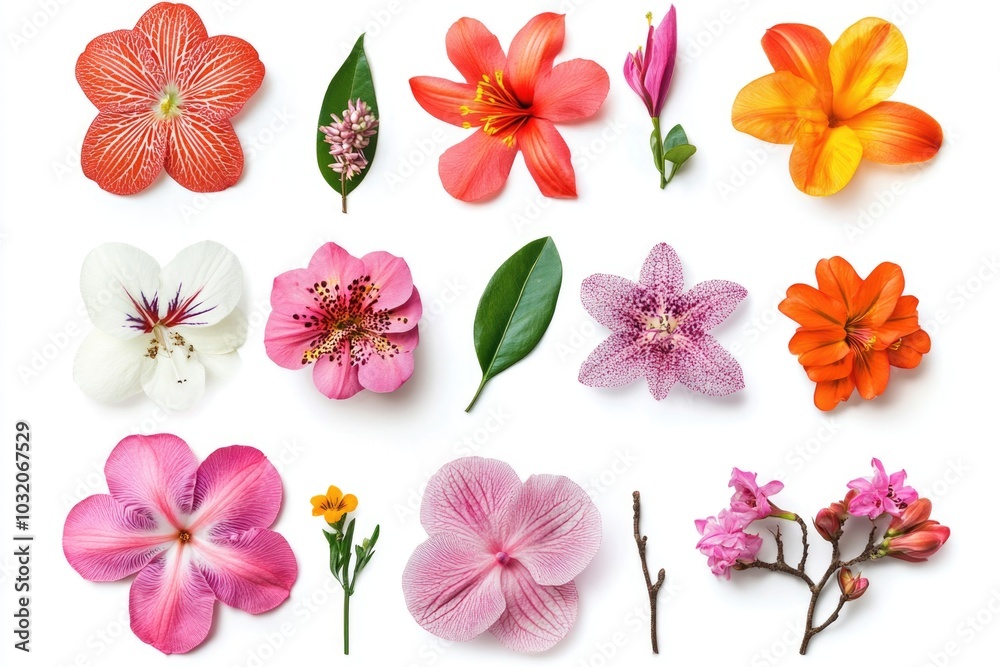 A variety of colorful flowers arranged on a clean white surface A variety of colorful flowers arranged on a clean white surface