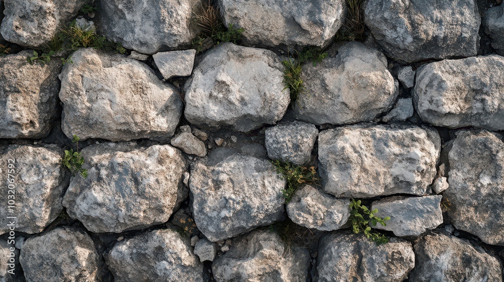 Worn mortar between fortress stone blocks plants growing in cracks stones uneven and rough Worn mortar between fortress stone blocks plants growing in cracks stones uneven and rough