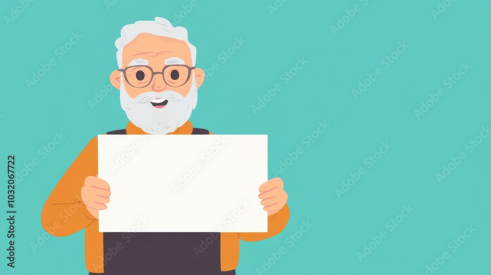 A cartoon senior man presents a blank sign, offering space for your message, on a colorful background A cartoon senior man presents a blank sign, offering space for your message, on a colorful background