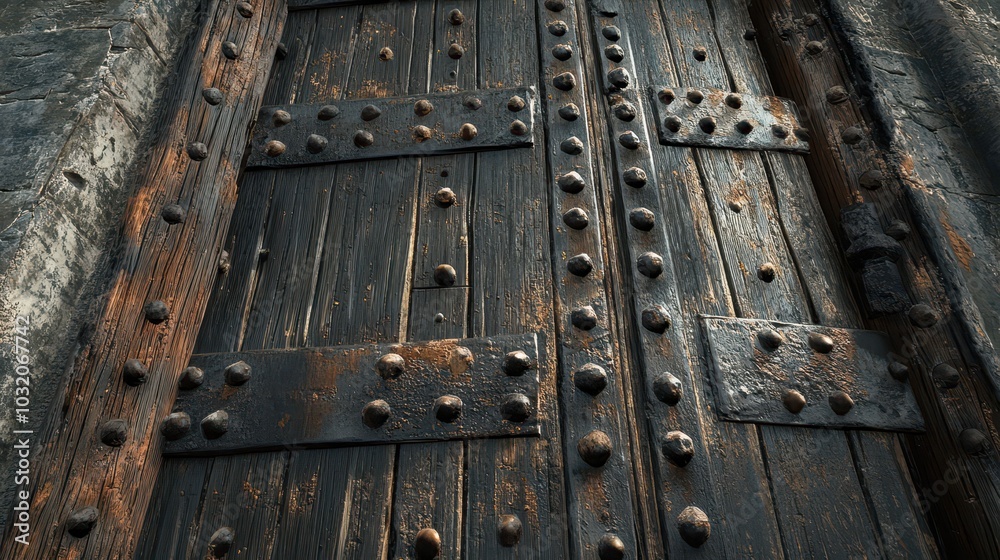 Iron hinges rusted and corroded surrounding wood splintered and rotting from moisture Iron hinges rusted and corroded surrounding wood splintered and rotting from moisture