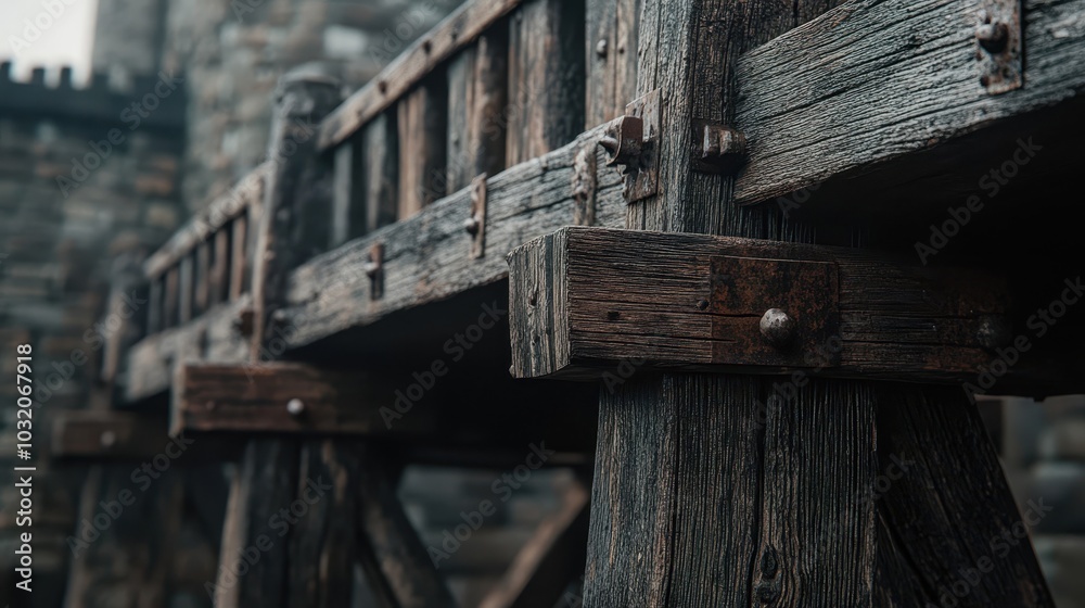 Aged wooden platform on fortress wall deep cracks and rusted iron brackets reinforcing it Aged wooden platform on fortress wall deep cracks and rusted iron brackets reinforcing it