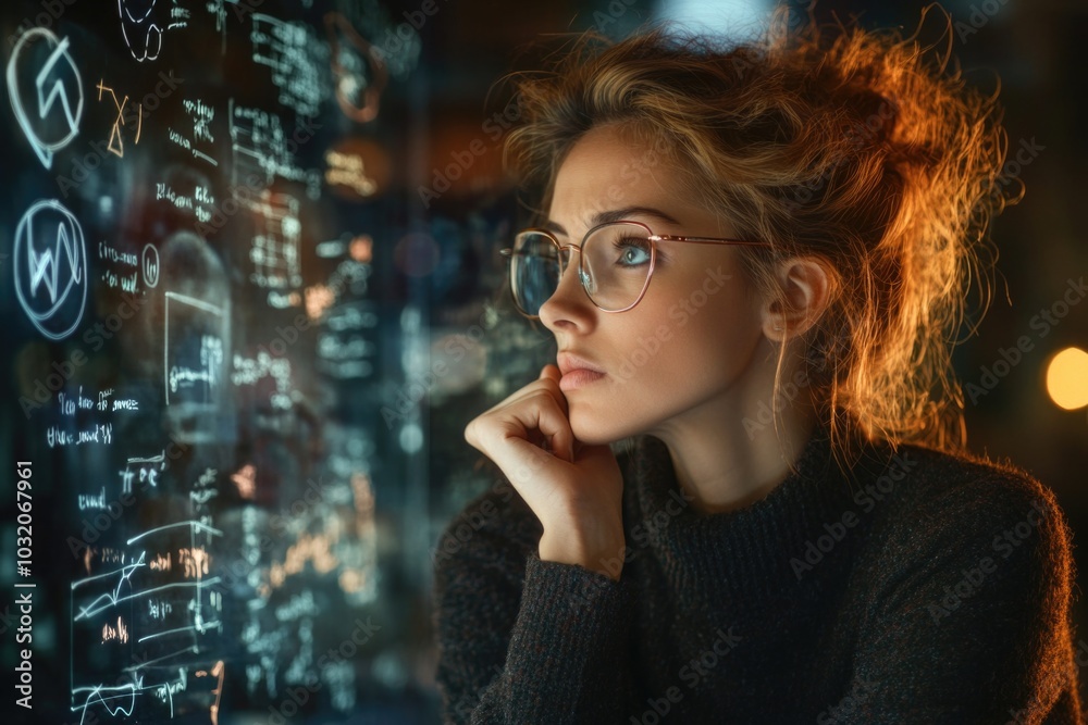 A person in glasses reviews a blackboard with notes and diagrams A person in glasses reviews a blackboard with notes and diagrams
