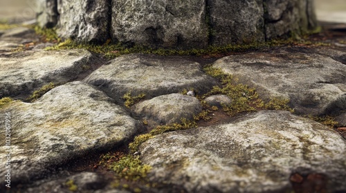 Defensive tower base with discolored stones moss and lichen growing on the rough surface