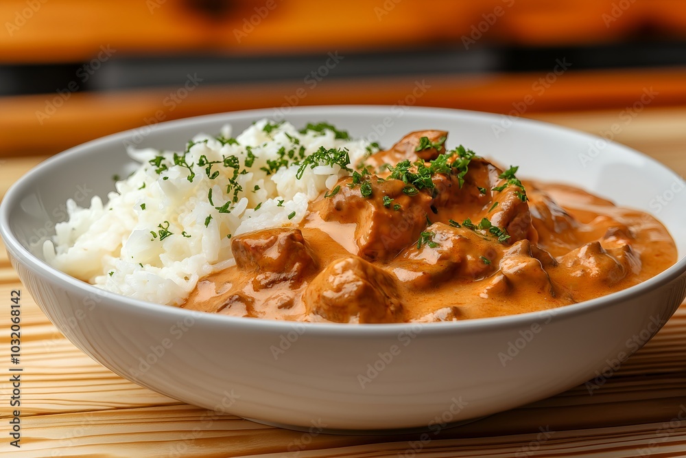 A Classic Beef Stroganoff With Creamy Sauce, Served in a Cozy Russian-style Café, Food Photography, Food Menu Style Photo Image A Classic Beef Stroganoff With Creamy Sauce, Served in a Cozy Russian-style Café, Food Photography, Food Menu Style Photo Image