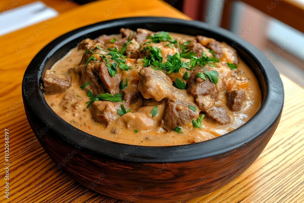A Classic Beef Stroganoff With Creamy Sauce, Served in a Cozy Russian-style Café, Food Photography, Food Menu Style Photo Image A Classic Beef Stroganoff With Creamy Sauce, Served in a Cozy Russian-style Café, Food Photography, Food Menu Style Photo Image