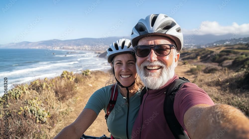 Retired couple taking selfies during a scenic bike ride along the coast, wearing helmets and bright activewear with big smiles photo Retired couple taking selfies during a scenic bike ride along the coast, wearing helmets and bright activewear with big smiles photo