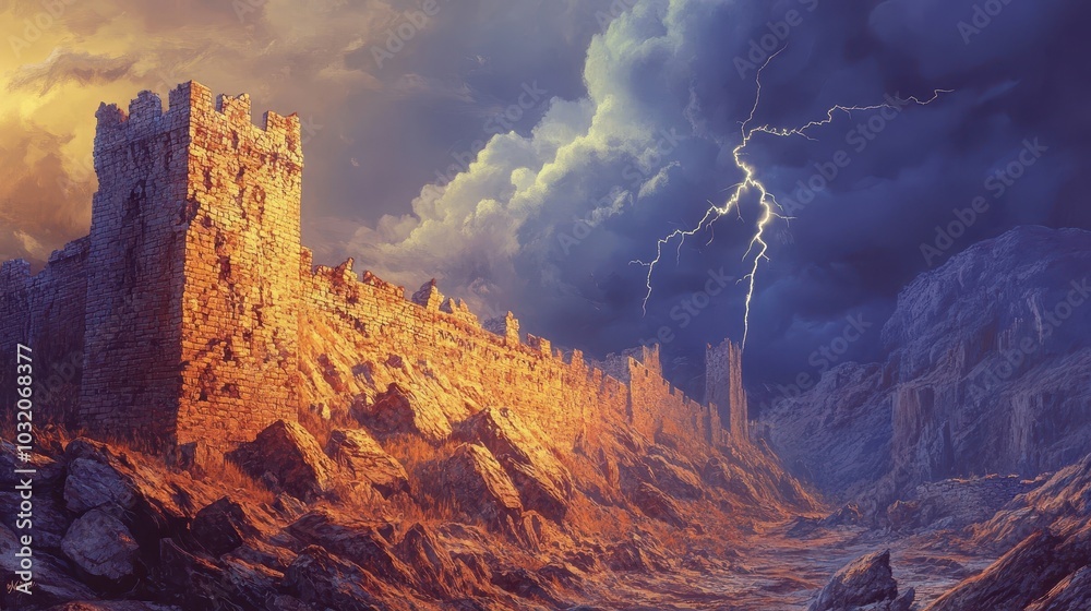 Fototapeta premium Illustration of crumbling medieval wall lightning illuminating stormy sky over desolate canyon