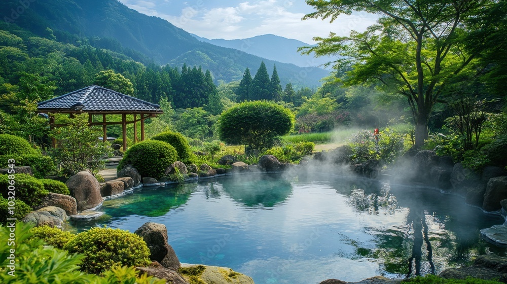 Obraz premium A serene hot spring in the mountains of Japan, with detailed steam rising from the water and lush green surroundings.