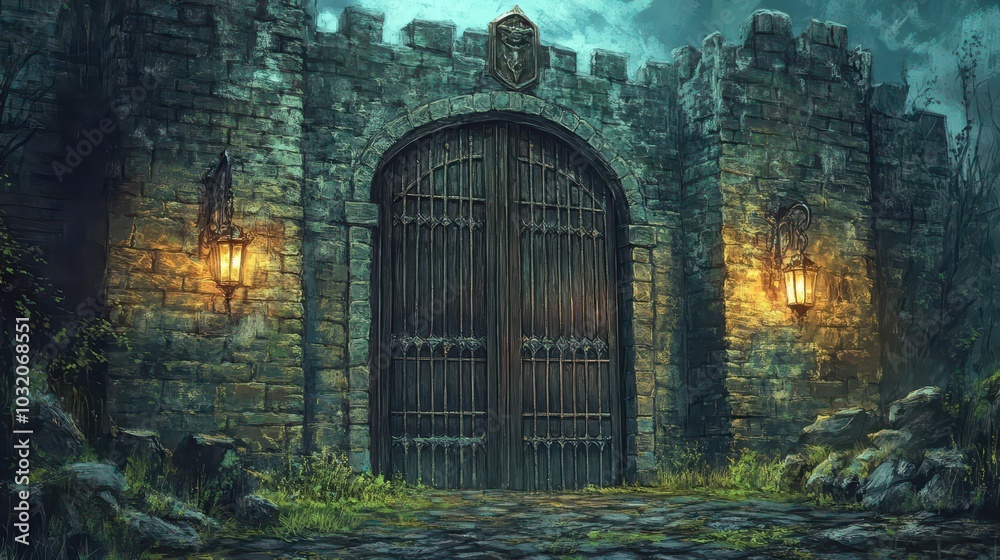 Intricate fortress gate made of dark wood and iron surrounded by stone walls with moss illuminated by lanterns on iron hooks Intricate fortress gate made of dark wood and iron surrounded by stone walls with moss illuminated by lanterns on iron hooks