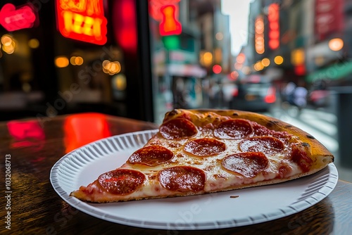 A Classic Pepperoni Pizza Slice, Served on a Paper Plate in a Bustling New York City Pizzeria With Neon Signs and Crowded Streets, Food Photography, Food Menu Style Photo Image