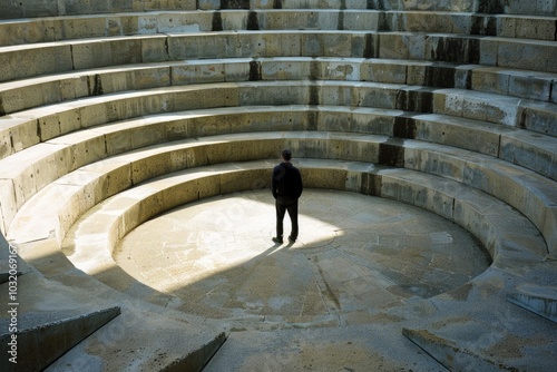 A person stands within a circular stone structure, surrounded by ancient architecture photo