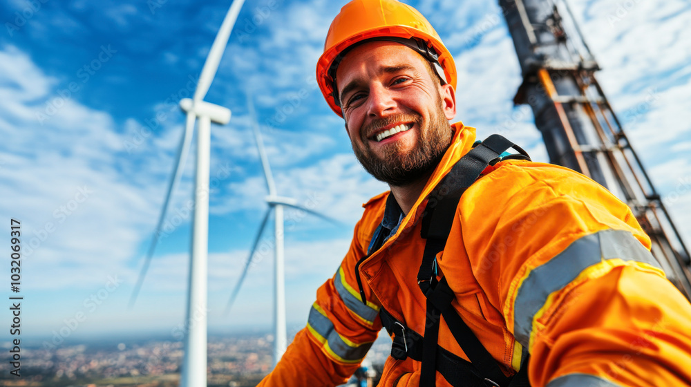 technician in orange safety suit smiles confidently while working on offshore wind turbine, showcasing beauty of renewable energy and importance of safety in industry technician in orange safety suit smiles confidently while working on offshore wind turbine, showcasing beauty of renewable energy and importance of safety in industry
