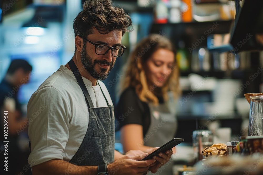 Waiter man using touch pad or smartphone to send female customer order in cafe. Modern wireless technology for coffee shop, Generative AI Waiter man using touch pad or smartphone to send female customer order in cafe. Modern wireless technology for coffee shop, Generative AI