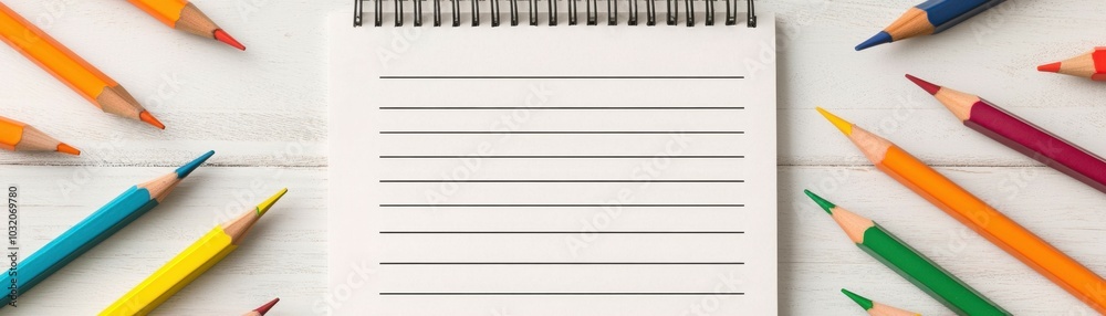 Blank spiral notebook with colorful pencils on a white wooden background Blank spiral notebook with colorful pencils on a white wooden background