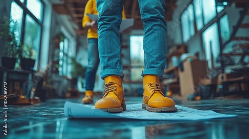 Close-up of a pair of yellow work boots standing on blueprints in a workshop.