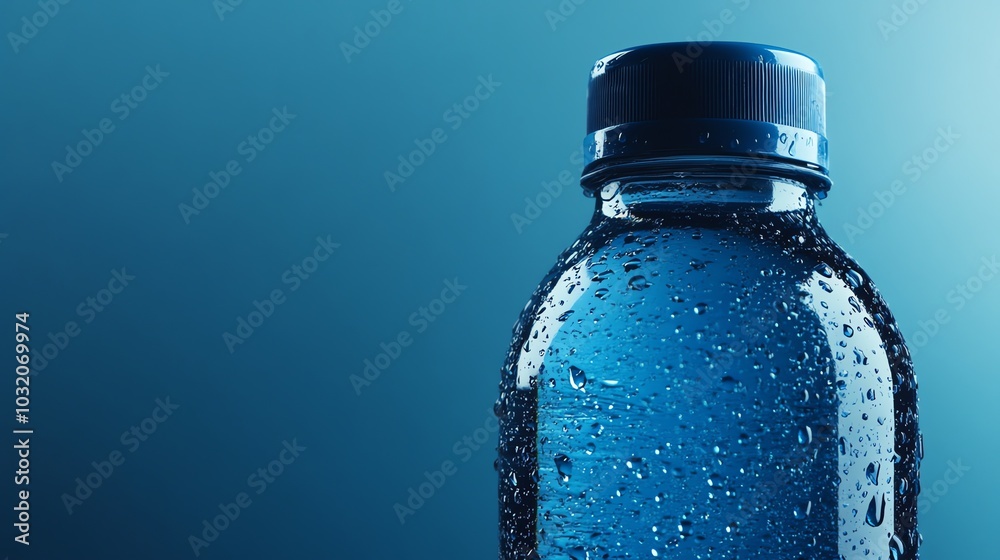 A plastic bottle of water with condensation droplets stands against a vibrant blue backdrop. A plastic bottle of water with condensation droplets stands against a vibrant blue backdrop.