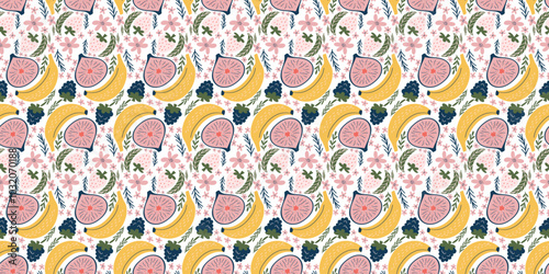 Delightful seamless pattern with bananas, figs, blackberries, white strawberries, pink flowers, and green leaves. Created in a modern, organic vector style with flat colors and a playful, whimsical