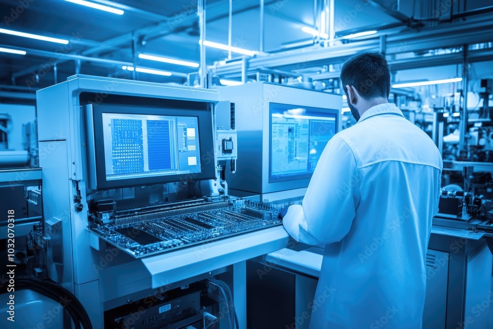 A man in a lab coat typing away on his computer, focused on his research A man in a lab coat typing away on his computer, focused on his research