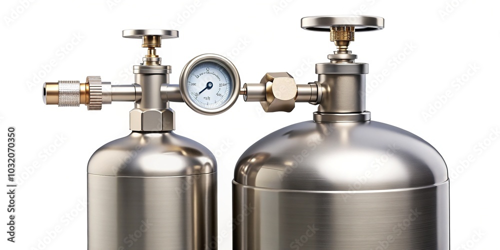 High-Pressure Gas Cylinder with Valves and Gauges for Industrial and Medical Use, Isolated on White Background, Ideal for Safety and Equipment Applications High-Pressure Gas Cylinder with Valves and Gauges for Industrial and Medical Use, Isolated on White Background, Ideal for Safety and Equipment Applications